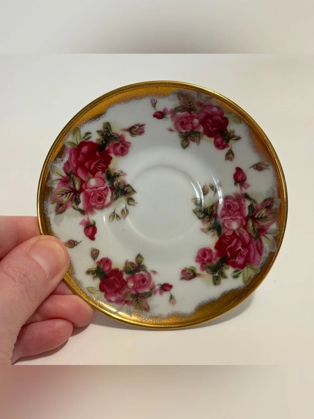 Vintage Porcelana Tsuji Argentina Rose Demitasse Cup & Saucer Gold Trim